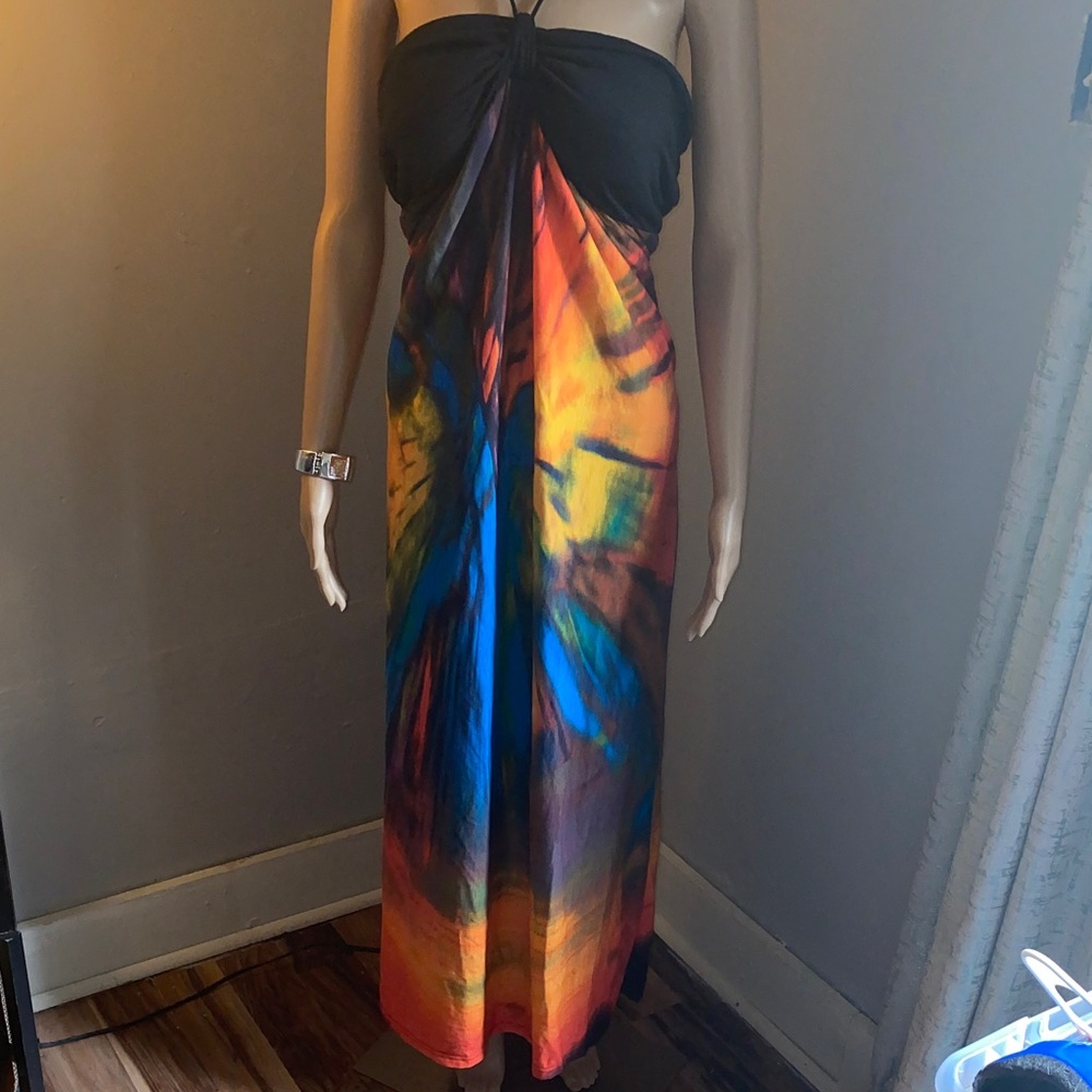 Dots Backless Strapless Maxi Dress in Black with Multicolor Tie-Dye